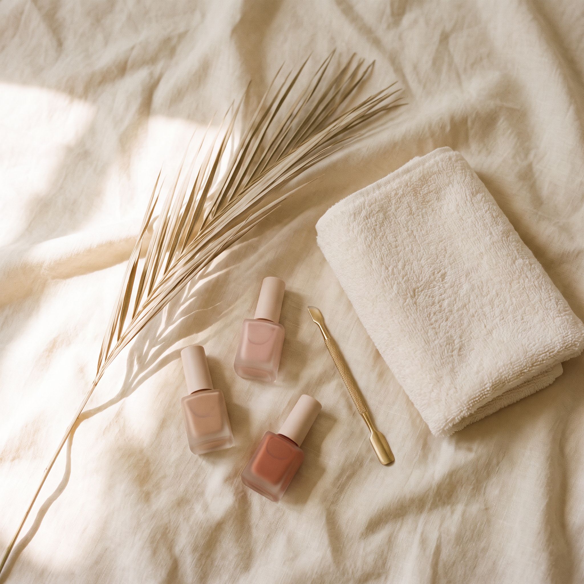 Nail polish bottles and tools on cream linen